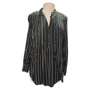 Vera Wang Striped Black White Button Down Ruffle Tie Long Sleeve Small Blouse SM